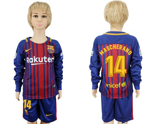 Barcelona #14 Mascherano Home Long Sleeves Kid Soccer Club Jersey